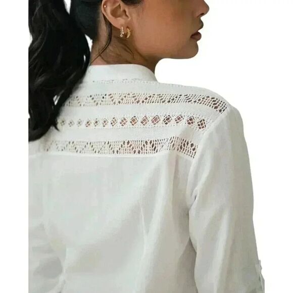 AO Aho Po'I Raity Women's White Cotton Button Down Top w Set In Lace Accents - Picture 3 of 13